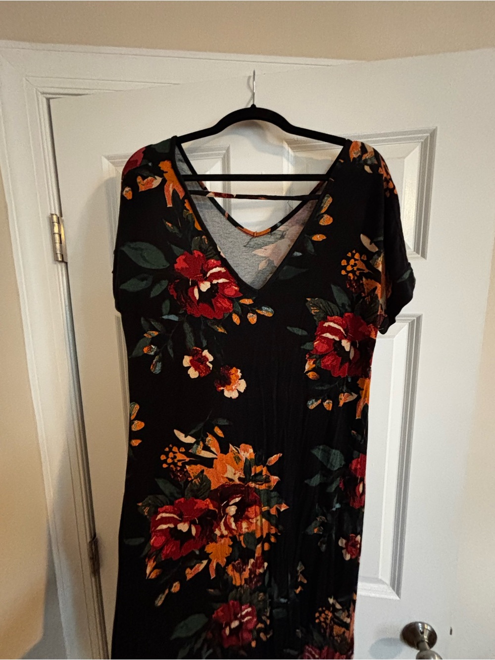 Black Floral V-Neck Women’s Dress with Strappy Back